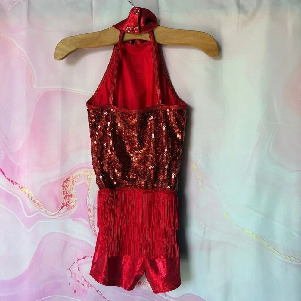 Weissman 9034 SC Red Fringe Sequin Romper Jazz Tap Acro Twirler Dance Costume